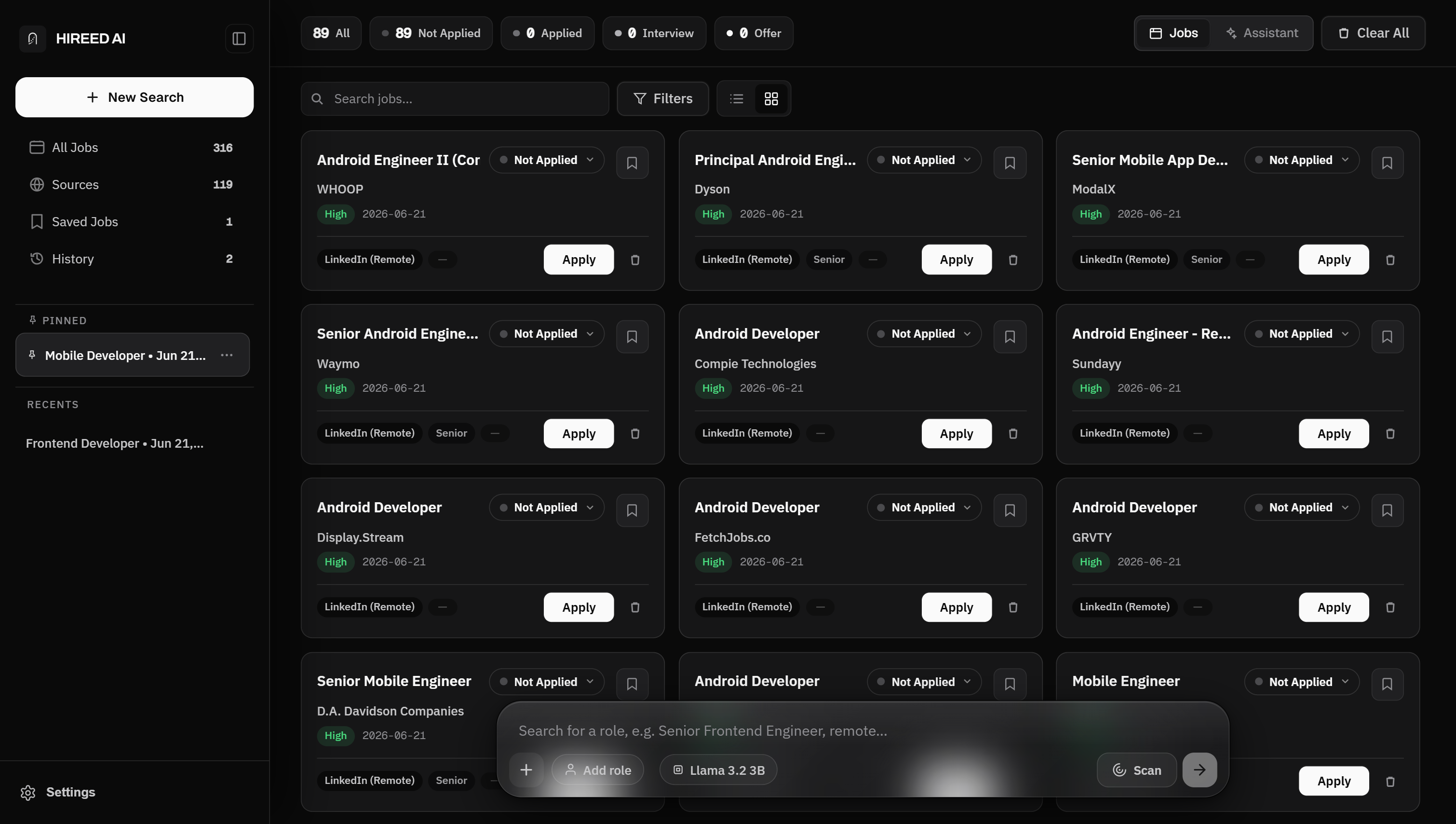 The Hireed AI dashboard showing ranked job matches