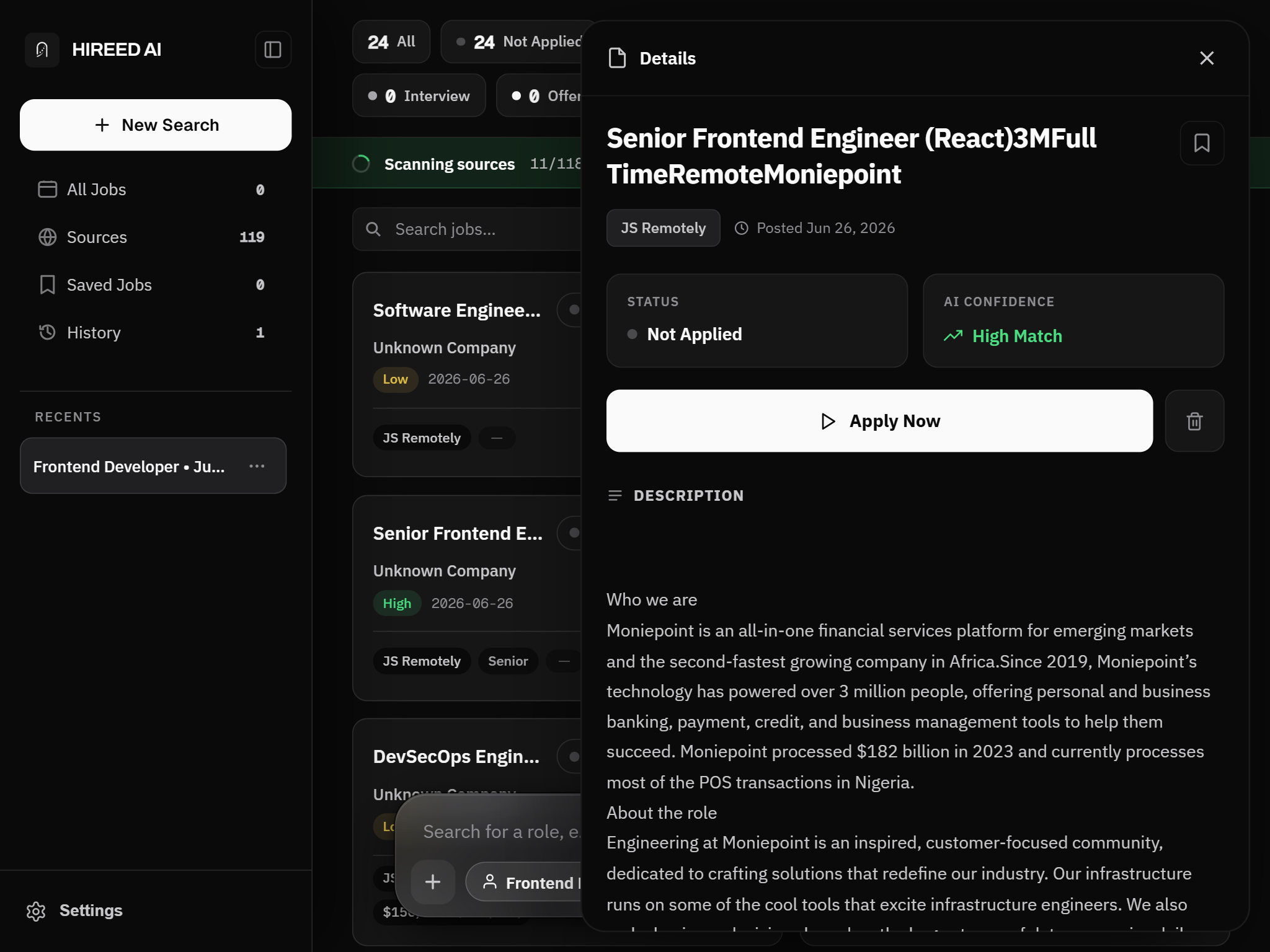 An opened job listing in Hireed AI showing the full description, salary and an application-status tracker