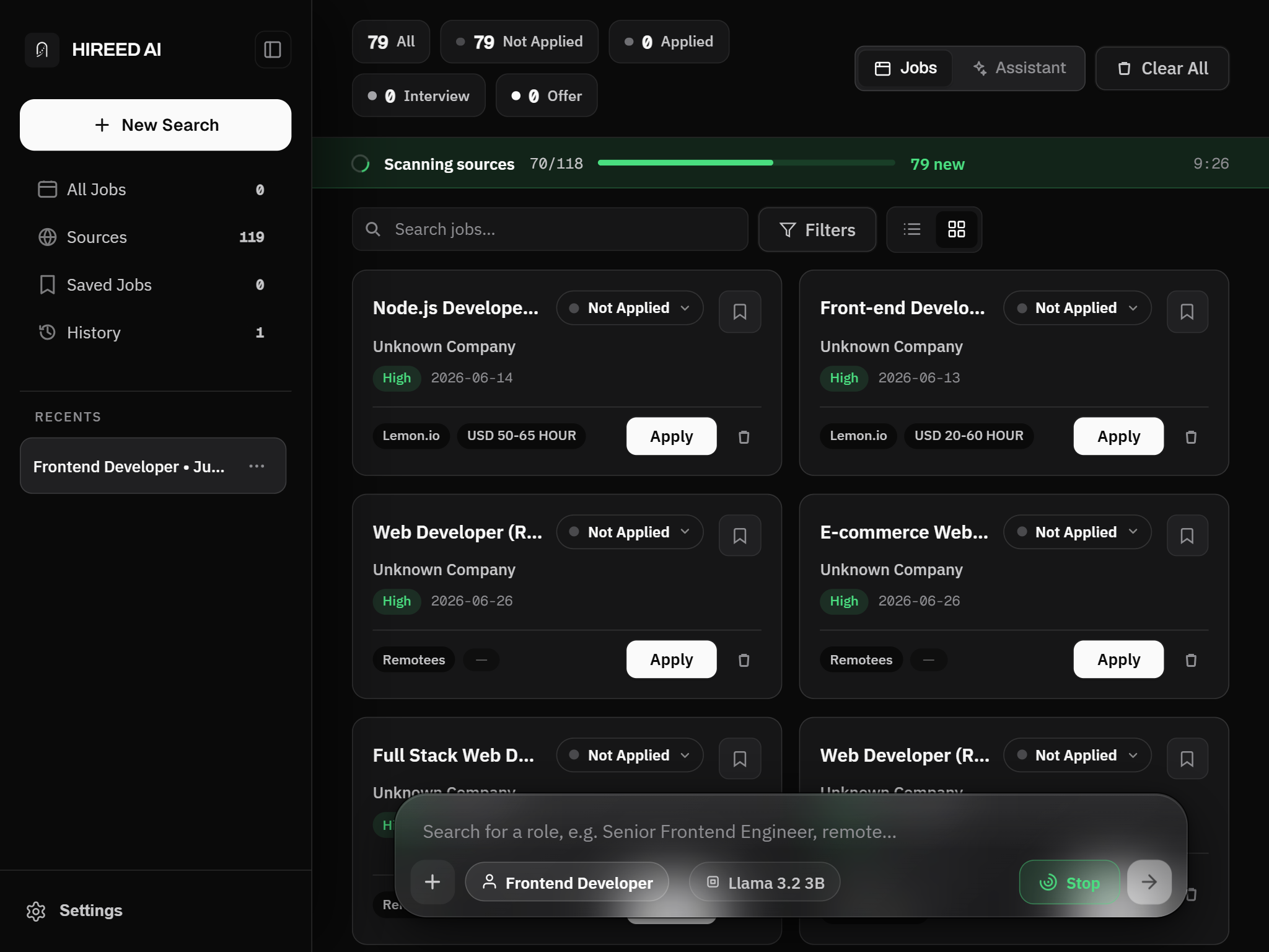 Hireed AI scanning 55+ job boards in real time with ranked job results filling the dashboard