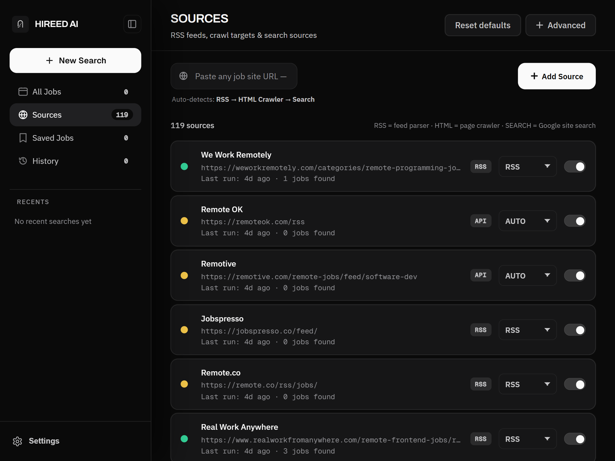 Hireed AI new-search screen with fields for role, seniority and location, ready to start a job search across every board