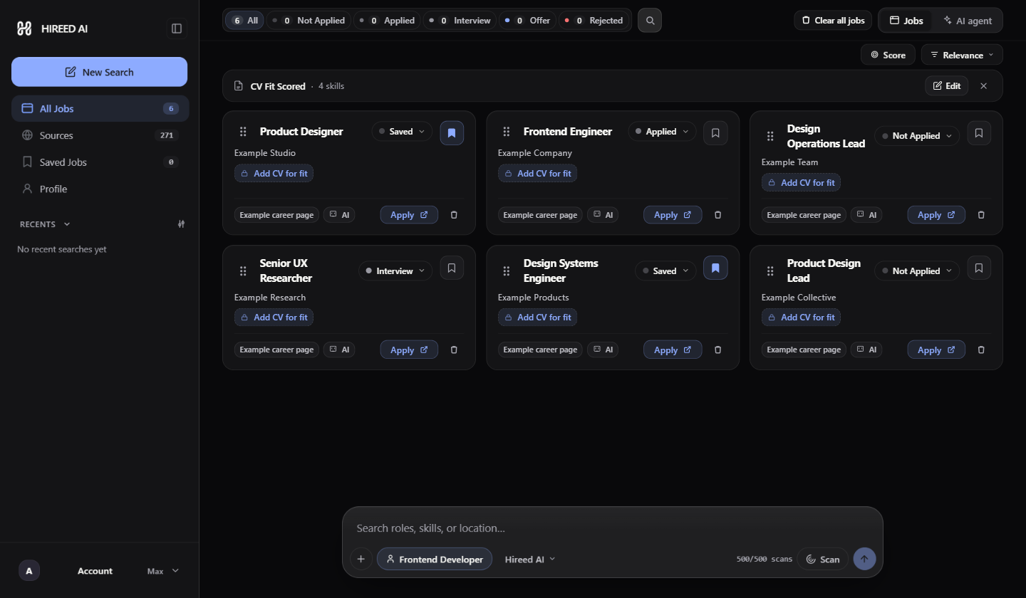 Hireed workspace with example job results in dark mode
