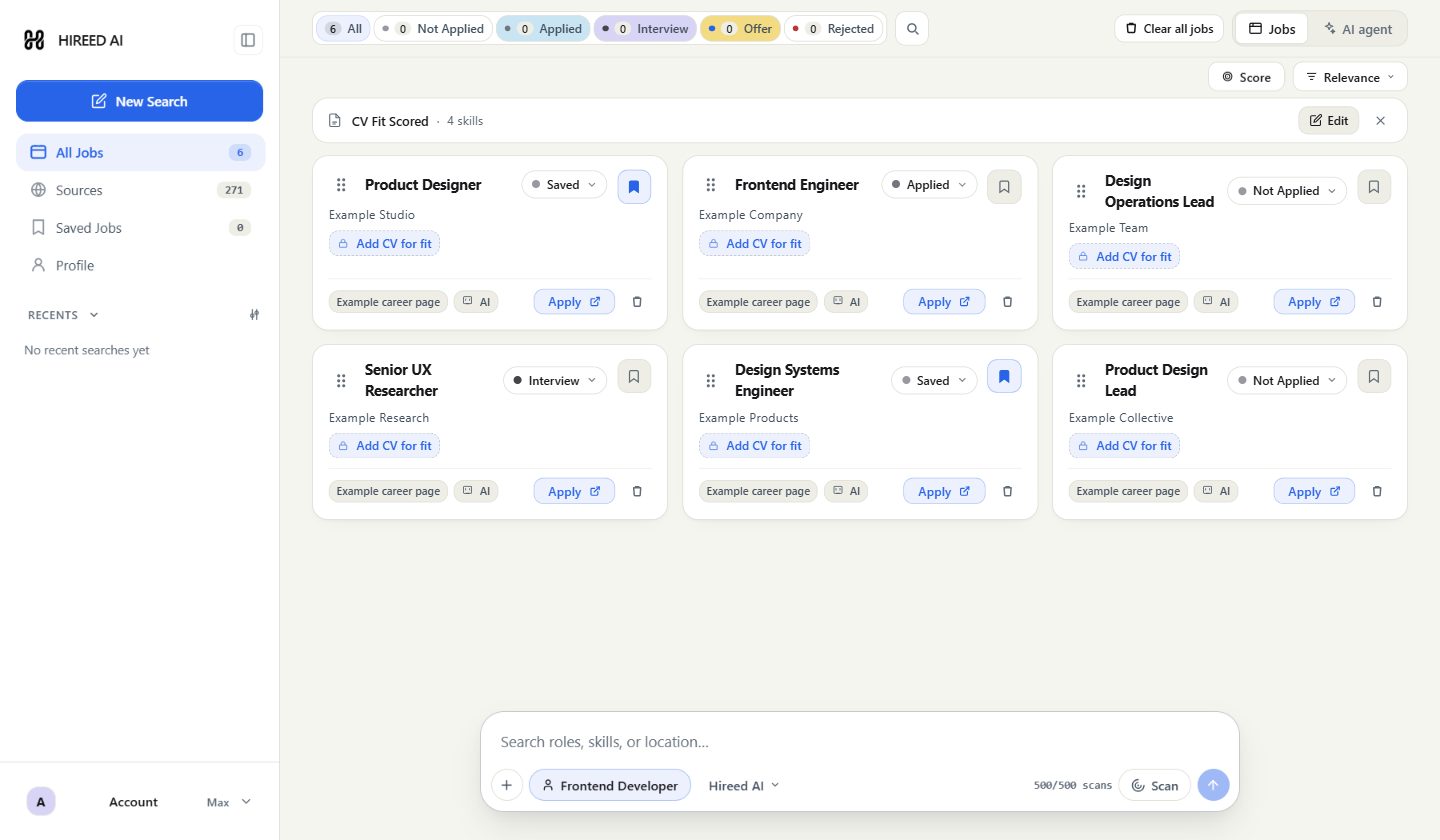 Hireed workspace with a source sidebar, sample job results, fit details, and an assistant composer